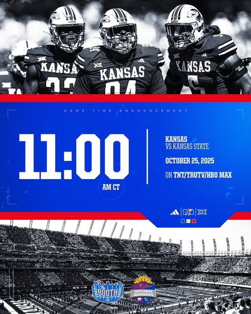 Dillons Sunflower Showdown game time is set ⏰

Kansas vs. Kansas State
Oct. 25 | 11 AM CT | TNT/TRUTV/HBO MAX

🔗 → https://t.co/PuCQxa7Qdv
🎟️ → https://t.co/1IVUkfbBZL

#PackTheBooth 