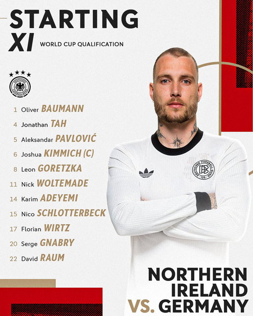 Here’s how we line up tonight against Northern Ireland! 💪🇩🇪  

📸 Philipp Reinhard/DFB   

#DFB #GermanFootball #GermanMNT 