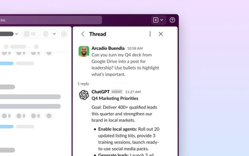 🚀 Big news: The ChatGPT app for Slack is here.

With Slack’s new Real-Time Search API, the ChatGPT app for Slack brings the power of ChatGPT into a dedicated Slack sidebar – a space for you to ask questions, brainstorm ideas, draft content and solve problems. This is just the beginning of a smarter way to work together. 💡 

Check it out in Slack Marketplace today. #DF25 https://t.co/p0kZFZI7HK