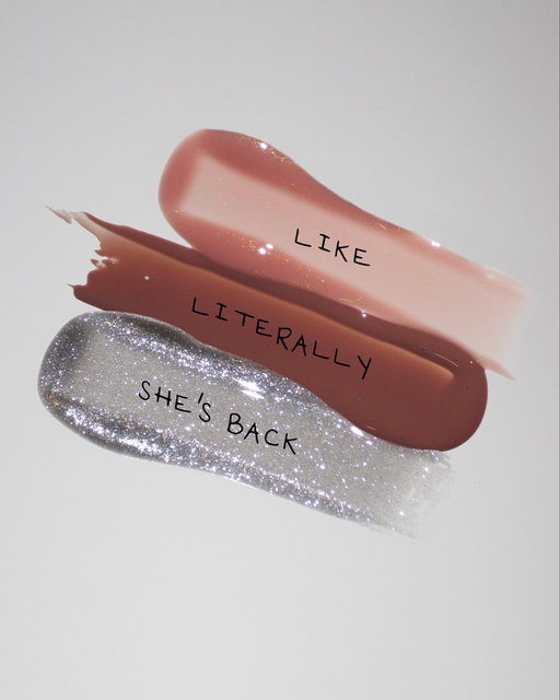 three limited-edition shades of our supple kiss lip glaze, including ‘like’ and ‘literally’ inspired by two of the original glosses + a new sheer chrome shade in ‘she’s back’ 👄 the king kylie collection drops 10.18! 