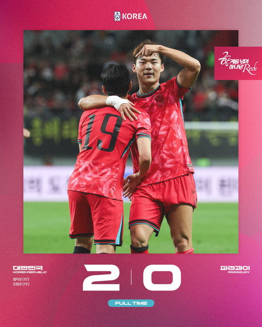 [FT] 대한민국🇰🇷 2-0 🇵🇾파라과이
10월 A매치 2연전은 1승 1패로 마무리합니다.
응원해 주신 축구팬 여러분께 감사드리며,
11월 A매치 2연전에도 많은 응원 부탁드립니다.

✔️하나은행 초청 대한민국 축구국가대표팀 친선경기
🇰🇷v🇧🇴#볼리비아 11.14(금) 📍장소 및 시간 추후 확정 