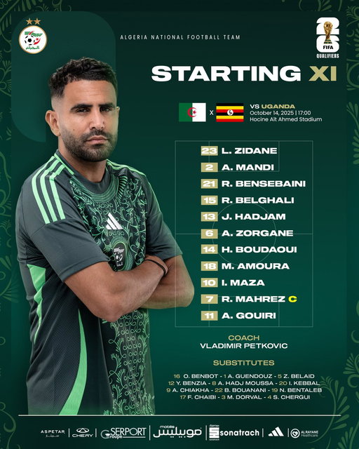 Starting XI | التشكيلة الأساسية
#LesVerts⭐⭐| #123vivalAlgérie🇩🇿 