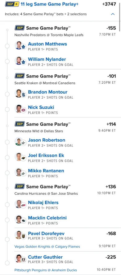 The 10/14 NHL MEGA (+3747) 🏒💎

❤️100 Likes for the SGP
🔗via @Playbook 

Tried not to double dip too much with what we have, but like this. 

#NHLPicks #GamblingX 