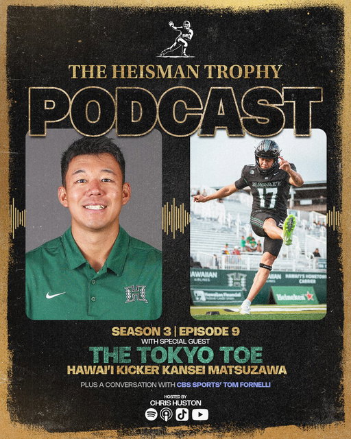 This week's Heisman Trophy Podcast reaches beyond the shores of the West Coast all the way to Hawai'i and Tokyo to feature @HawaiiFootball placekicker @kan08sei, the "Tokyo Toe," who leads college football in field goals made. 

The 26-year-old senior tells the story of how he discovered football at the age of 20 and resolved, then and there, to play in the NFL one day. He went on to teach himself how to kick, as well as learn English, by watching YouTube. Thanks to his determination, his ultimate goal is now in sight and, along the way, he just might break an NCAA record or two.

Can a placekicker challenge for the Heisman? Listen and decide: https://t.co/YEjc3ajiK1