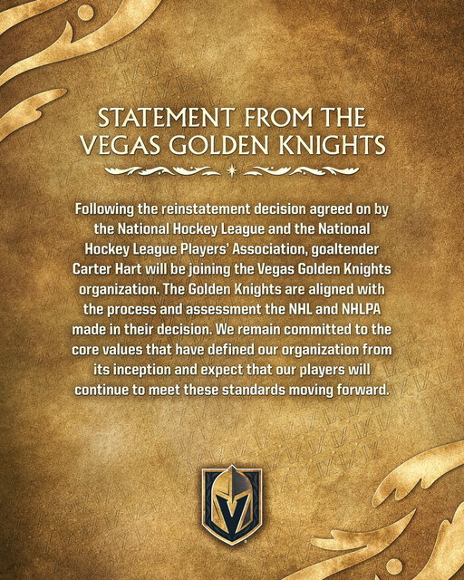 Official statement from the Vegas Golden Knights on Carter Hart.

More: https://t.co/7jWN6i0tzr

#VegasBorn 