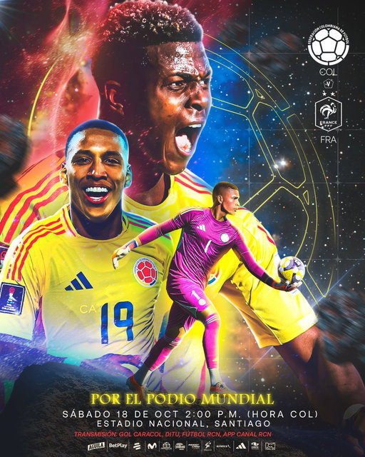¡𝙃𝙤𝙮 𝙫𝙖𝙢𝙤𝙨 𝙥𝙤𝙧 𝙚𝙡 𝙋𝙊𝘿𝙄𝙊 𝙈𝙐𝙉𝘿𝙄𝘼𝙇!

🆚 🇫🇷
🗓 Sábado 18 de octubre
🕞 2:00 pm (hora COL)
🏟 Estadio Nacional, Santiago, Chile
🏆 Copa Mundial de la FIFA Sub 20
📺 @CanalRCN, App Canal RCN- @GolCaracol, Ditu

#VenConColombia🇨🇴
#LaSeleNosUne🇨🇴 