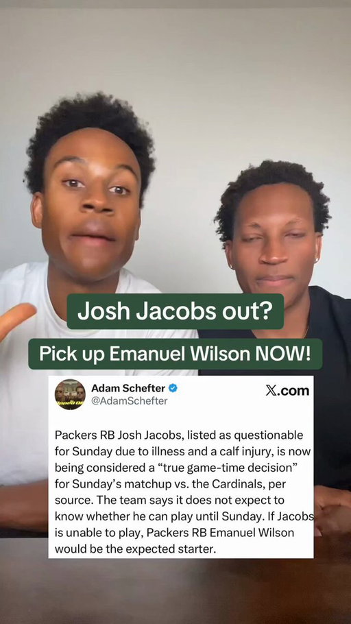Josh Jacobs is a Game Time Decision for week 7. Pick up Emanuel Wilson just in case Josh doesn’t play! Follow to stay ahead of the curve! #fantasyfootball #joshjacobs #emanuelwilson #greenbaypackers #fantasyfootballtips 
