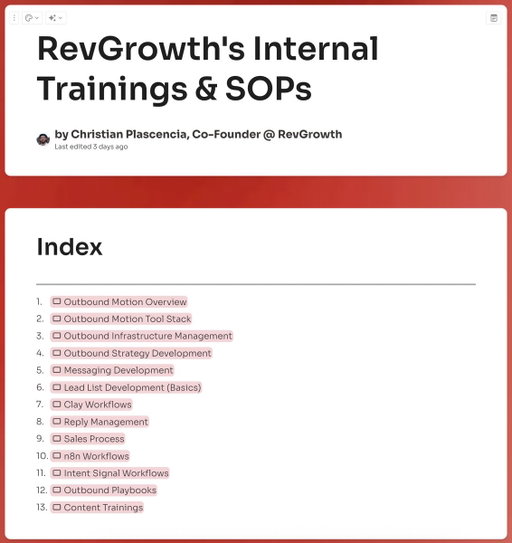 This document contains all 78 outbound trainings and SOPs we’ve developed at RevGrowth to train our staff, resulting in over 10,000 leads generated for our clients.

What’s covered in this doc:

> How we’re using AI to automate 80% of our fulfillment
> 22 Clay & n8n automation templates for outbound
> Our top cold email script templates for booking meetings
> How we effectively build targeted lead lists with Clay
> How to find untapped, niche databases with GPT-o3
> How to write winning cold email scripts with Claude (+ live workshop)
> How we’re automating inbox management with n8n
> How to convert 33%+ of leads into booked meetings
> Calendly workflow for boosting show-rate to 80%+
> Sales asset workflow for consistent 30%+ close rate
> Intent signal workflows that actually work
> Our exact playbooks for enterprise, E-commerce, & high-volume outbound
> BONUS: How we’re effectively creating B2B content at scale

But… I cannot share all of this for free.

The information in this document is simply too valuable to give away to everyone and would begin to sophisticate the market.

So I have to add a paywall.

Regardless, you can still get your hands on this document.

👉 Comment “DOC” and I’ll DM you more information on how to get access.

Just make sure you’re following so I can DM you.