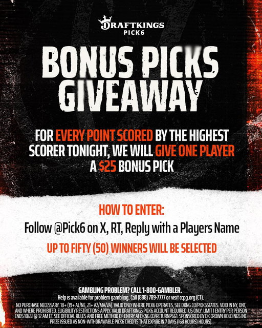 🗣️: BASKETBALL IS BACK.

To celebrate, I’ve giving out $25 Bonus Picks all week long. 😈

Follow @Pick6, RT, and Reply. 
