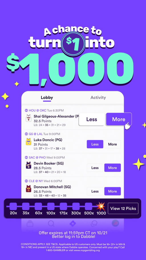 Happy NBA Season 🥳🏀

Simply just log into the Dabble app today and get a free $1💰

Then go flip it into something nice like $1,000 or $5,000🤝 