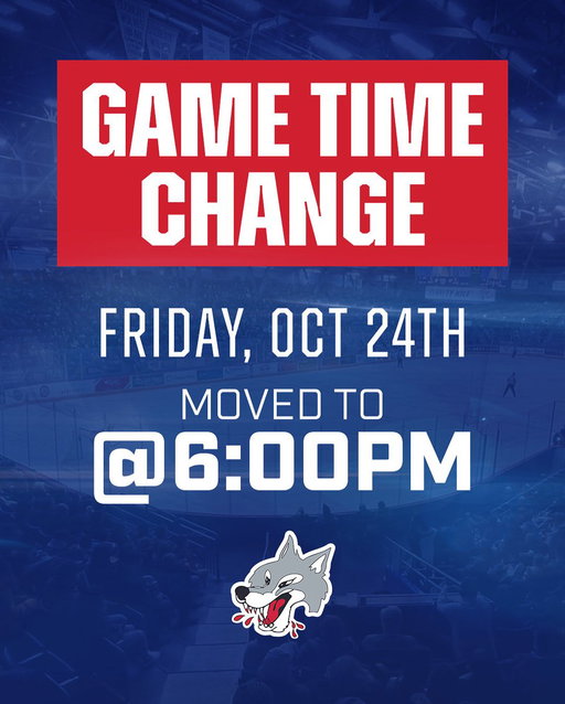 🚨GAME TIME CHANGE🚨

Please note the time of the game on Friday October 24th against the Barrie Colts has been moved to 6pm due to Game 1 of the World Series.

Doors will open at 5:00pm, with the season member doors opening at 4:30pm. Wolves Nation are encouraged to stick around following the conclusion of the game, as the Blue Jays game will be displayed on the jumbotron for all attending!

#ThrowbackEra #WolvesNation