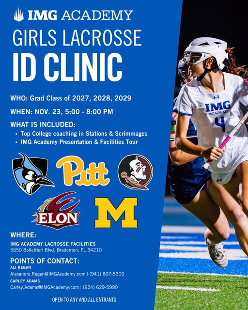 Big stage. Bigger opportunities. ⚽️
Train with top college coaches and get seen at IMG Academy’s College ID Camp for girls ’27–’29‼️

@FSU_WLAX 
@Pitt_WLAX 
@UMichWLAX 
@ElonWLAX 