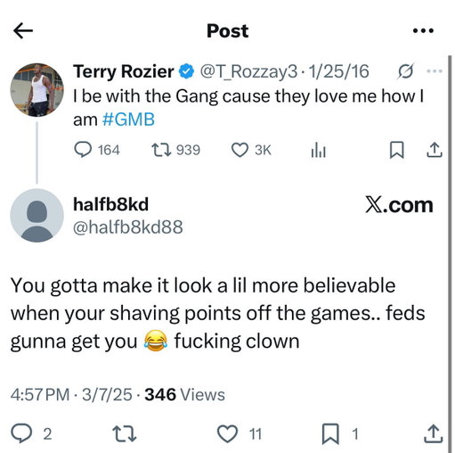 a random burner account predicting Terry Rozier will get caught gambling on his games is so electric 