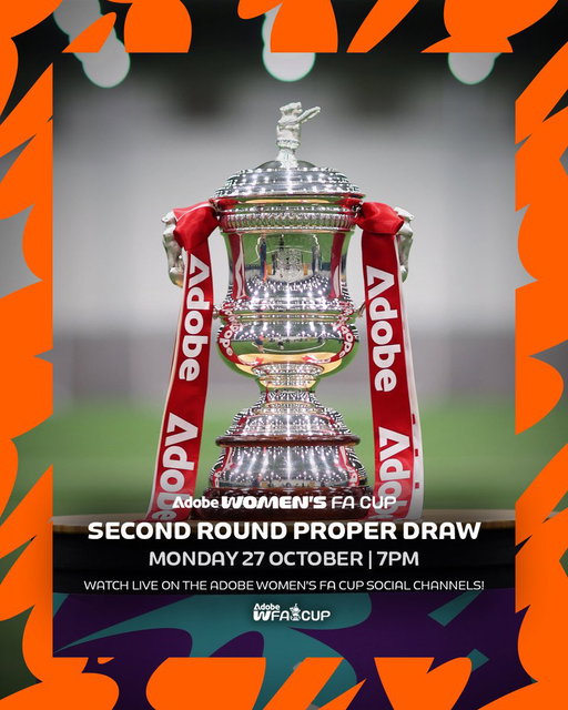 The draw for the second round proper will be available to watch LIVE on our #AdobeWomensFACup social channels! 🏆

🗓️ Monday 27 October
📲 YouTube, TikTok, X and Facebook
⏰ 7pm

Who do you want your team to draw? 👀

🔗https://t.co/NxkE5pFLfs 