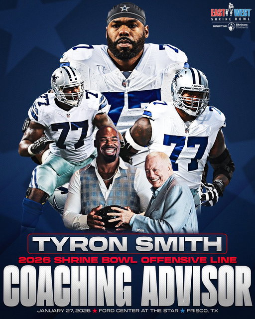 BIG NEWS

Tyron Smith, 5x All-Pro and 8x Pro Bowler, is joining the East-West Shrine Bowl as an Offensive Line Coaching Advisor this year! We’re excited to have our offensive linemen working with a future hall of famer all week long 💪

#ShrineBowlWHOSNEXT 