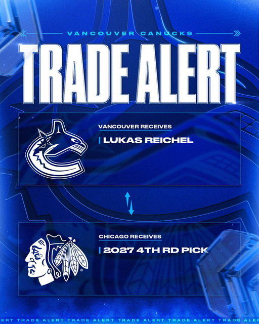 General Manager Patrik Allvin announced today that the #Canucks have acquired forward Lukas Reichel from the Chicago Blackhawks in exchange for a fourth-round pick in the 2027 NHL Entry Draft. 