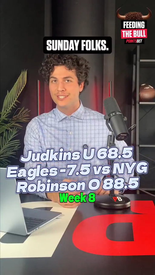 🍴🐂 NFL WEEK 8 FEEDING THE BULL ALERT!📈

Will Kit go 3/3 this week or will he fumble his picks? Comment below what you think! 🏈

💥 Today: Eagles v. Giants, a nice O/U for Quishon Judkins, and a Bijan Robinson O/U to round out this week's action. 📉

#PointsBet #PointsBetCanada #NFL #FeedingTheBull #SundayFootball