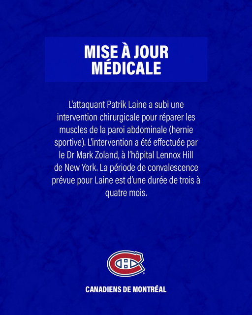 Mise à jour médicale au sujet de Patrik Laine

Medical update on Patrik Laine 