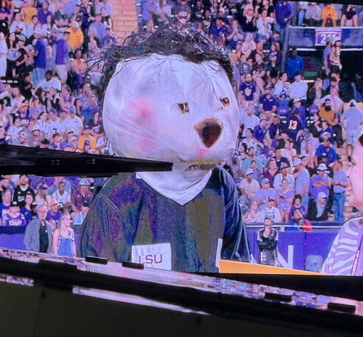 LSU had their mascot dress up as Michael Meyer’s for a media timeout segment where they recognize a kid battling cancer 