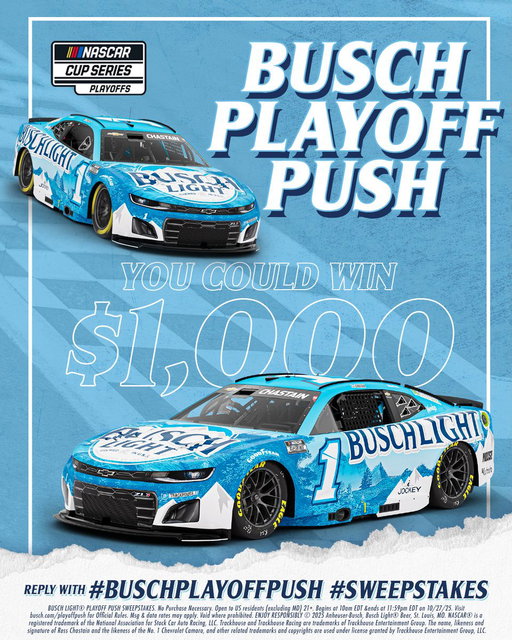 4 drivers advance, now YOU COULD WIN $1K!​​

REPLY with #BuschPlayoffPush and #Sweepstakes for the chance to WIN $1K! Be sure to check back next week for another opportunity to win! 