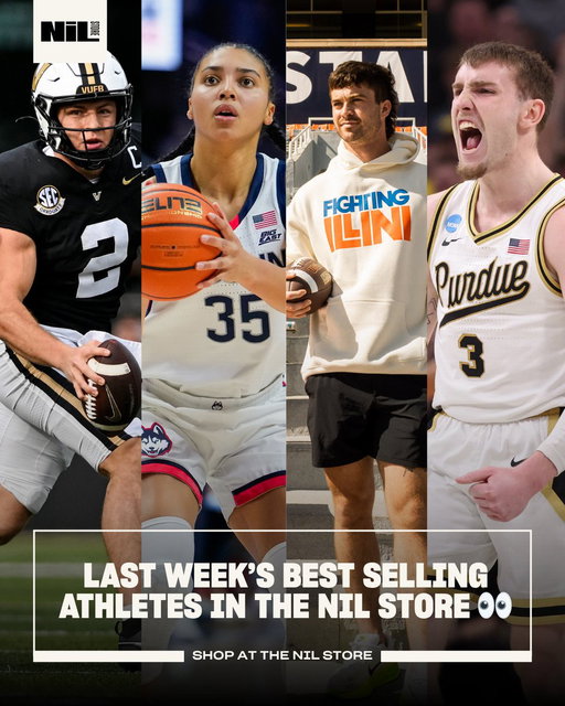 Last Week's Best Selling Athletes on the NIL Store:   

1. Diego Pavia  
2. Azzi Fudd  
3. Luke Altmyer 
4. Braden Smith  
5. Fernando Mendoza 
6. Jaden Bobbett  
7. Trevin Jirak  
8. Paige Bueckers  
9. Elijah Sarratt  
10. Trent Sisley 
