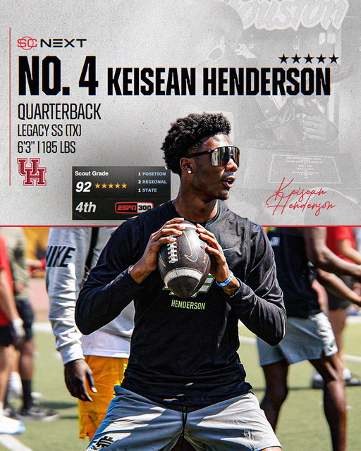 Houston commit Keisean Henderson is the new QB1 in the nation in the updated SC Next 300 @KeiHenderson1 

The 5-star has been ridiculously productive this fall, and comes in as the No. 4️⃣ overall prospect in the country. 

https://t.co/COB1pVkgp5 