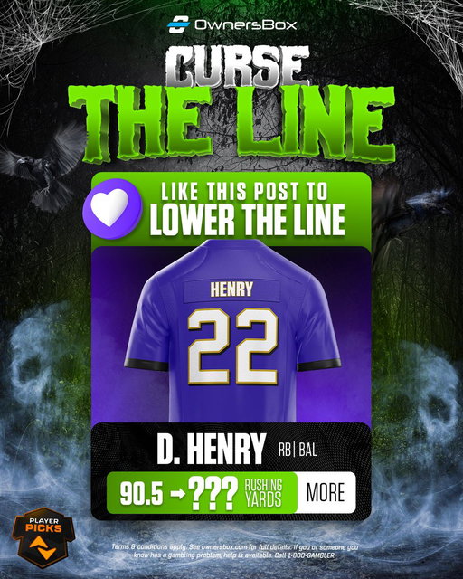 CURSE THE LINE 👻

For every 10 likes this post gets, we'll discount Derrick Henry's rushing yards by 1 yard 👀

We'll tally up the likes and post the discount at 5pm ET

BONUS: drop your OwnersBox username in the replies and we'll pick one person to win a $50 FREE entry 🤝 