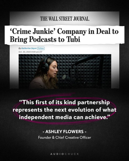 We’re proud to announce a new multi-year partnership with Tubi and Fox Corporation, expanding our award-winning storytelling beyond podcasts and into streaming.

This collaboration marks a major milestone for Crime Junkie and other audiochuck original shows that goes beyond podcast distribution & ad sales — bringing our signature true crime storytelling to an even wider audience through video and on-demand formats.

Our mission remains the same: to tell powerful, human-centered stories that inspire, inform, and connect. Now, we’re doing it on an even bigger stage.

Read more in Wall Street Journal 🔗 https://t.co/t04Qsohb3j