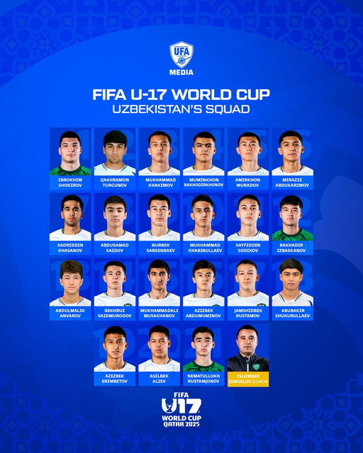 🇺🇿 Uzbekistan U-17 National Team Final Squad for the FIFA U-17 World Cup

Our team will begin the tournament on November 5 with a match against Paraguay. 