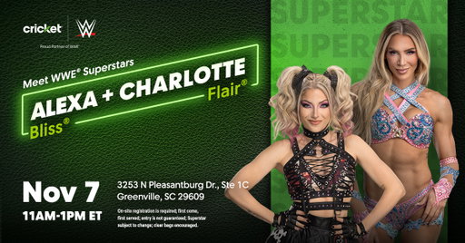 That’s right! We can’t wait to have both @MsCharlotteWWE and @AlexaBliss_WWE at our store. Greenville, make sure to line up early! 