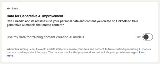Last chance to turn it off.

On Monday, November 3rd, Microsoft will start using your LinkedIn data for AI training. And remember, you're opted in by default.

To toggle it off 👉 Account - Settings &amp; Privacy > Data privacy > Data for Generative AI Improvement. 