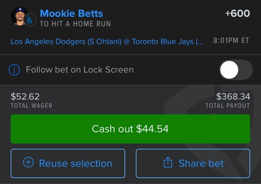 It’s basically four home run bets for Game 7 — I just attacked it differently with the Blue Jays batters.
 
⚾️ Mookie Betts to hit a HR (+600)
⚾️ Freddie Freeman to hit a HR (+550)
⚾️ Ernie Clement to win World Series MVP (+30000) 
⚾️ Alejandro Kirk to win World Series MVP (+10000)