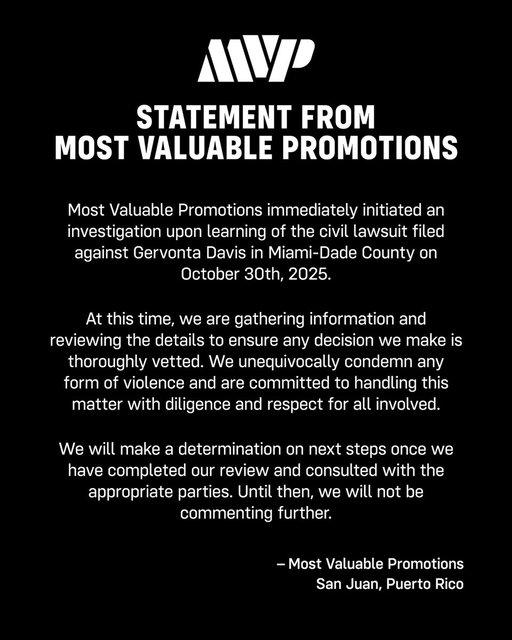Official statement from MVP regarding the planned Jake Paul vs Gervonta Davis event on Friday, November 14th. 