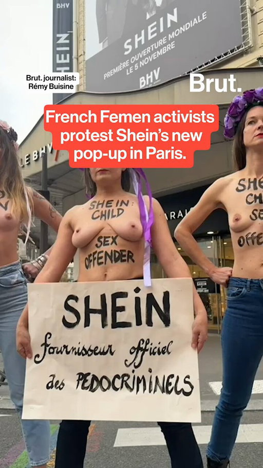 French Femen activists protested SHEIN's new pop-up at the BHV store in Paris. The protest came after reports that SHEIN had been selling dolls with pedophilic features.

Femen is a feminist activist group known for staging topless protests to draw attention to issues like sexism, religion, and authoritarianism.

Footage: @remybuisine / Rémy Buisine

#femen #protest #paris #shein