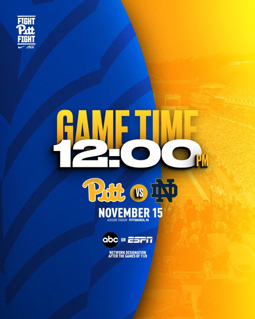 ⏰ GAME TIME ANNOUNCEMENT ⏰

Pitt vs. Notre Dame ➡️ 12 PM
📺 ABC or ESPN

More: http://linktr.ee/pittpanthers 