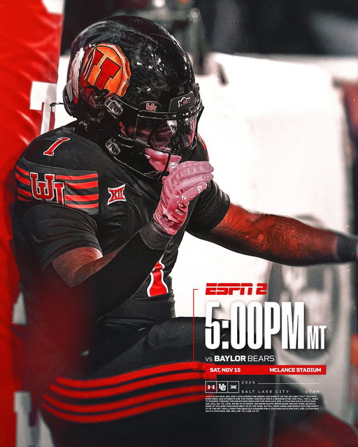 𝐆𝐀𝐌𝐄 𝐓𝐈𝐌𝐄 🔒

🆚 Baylor
🏟️ McLane Stadium
⏰ SAT 11.15 | 5:00PM MT
📺 ESPN2 
📻 @ESPN700 / 92.1 FM

#GoUtes 