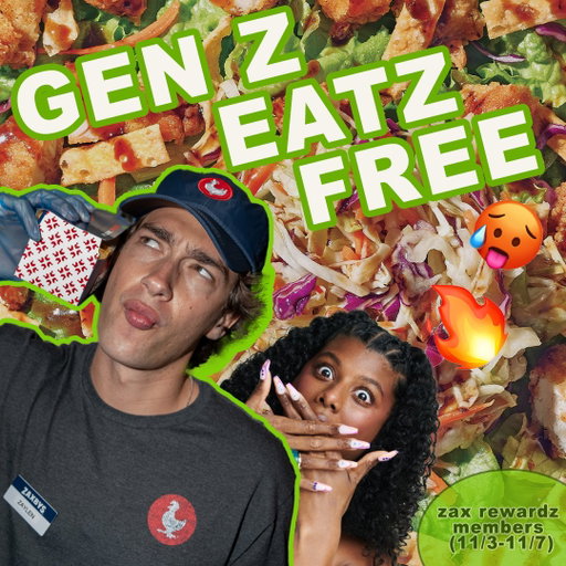 .@baylenlevine takes over a Zaxbys and gives Gen Z FREE FOOD with our new Zensation menu!! 

Get a free Giant Zensation Wrap with code: GENZEATZ in the Zaxbys app. 