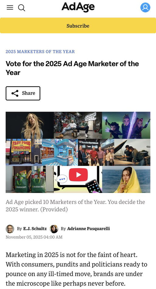 HI WE’RE NOMINATED FOR A MAJOR @ADAGE AWARD &amp; NEED YOUR HELP! Please a minute and vote GB for 2025 ADAGE MARKETER OF THE YEAR 🤯🤯🤯 PS Reply w a pic of your vote and GET THIS FREE STICKER 🙏🙏🙏 https://t.co/RXIK0VceR0 