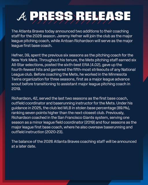 Atlanta Braves Announce Additions to 2026 Major League Coaching Staff: 