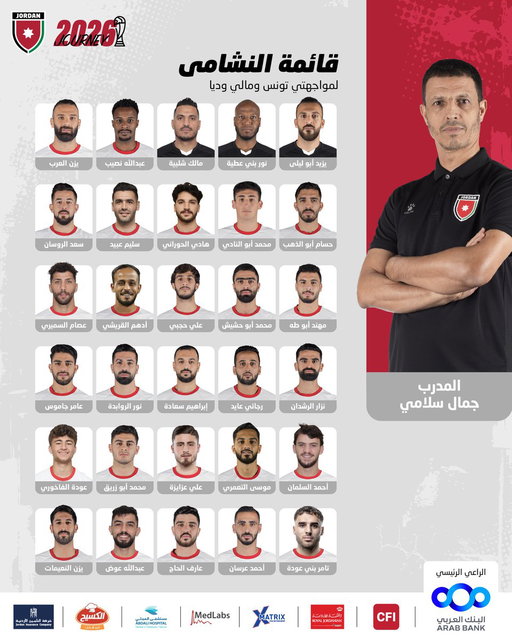 قائمة النشامى لمواجهتي تونس ومالي وديا  

𝐍𝐚𝐬𝐡𝐚𝐦𝐚 𝐒𝐪𝐮𝐚𝐝 𝐋𝐢𝐬𝐭 𝐟𝐨𝐫 𝐭𝐡𝐞 𝐅𝐫𝐢𝐞𝐧𝐝𝐥𝐲 𝐌𝐚𝐭𝐜𝐡𝐞𝐬 𝐚𝐠𝐚𝐢𝐧𝐬𝐭 𝐓𝐮𝐧𝐢𝐬𝐢𝐚 𝐚𝐧𝐝 𝐌𝐚𝐥𝐢

التفاصيل: https://t.co/3xB25xg971

#معك_يالنشمي 