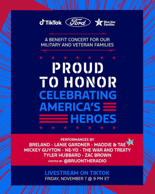 Join Ford in celebrating America’s heroes with a #ProudtoHonor benefit concert LIVE on @TikTok this Friday at 9PM ET. For more on how to get involved and support ahead of the event, visit: https://t.co/KZcQO6OtjD 