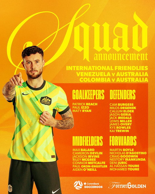 ✈️🇺🇸 The CommBank #Socceroos squad for our November friendlies in North America is here! 🇻🇪🇨🇴

📋 Tony Popovic has named a 26-man squad, featuring 11 changes for our matches against Venezuela and Colombia.

🗞️ Details: https://t.co/YXv5d6tUJK

#ForeverGolden 
