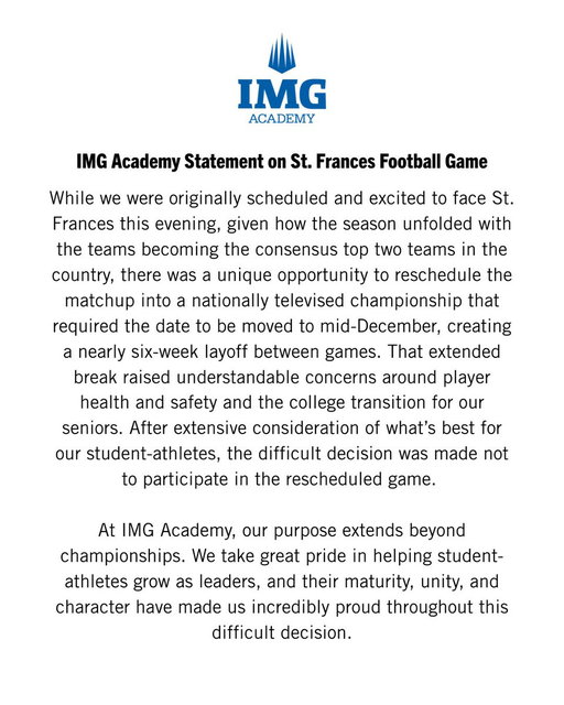 IMG Academy Statement on St. Frances Football Game 