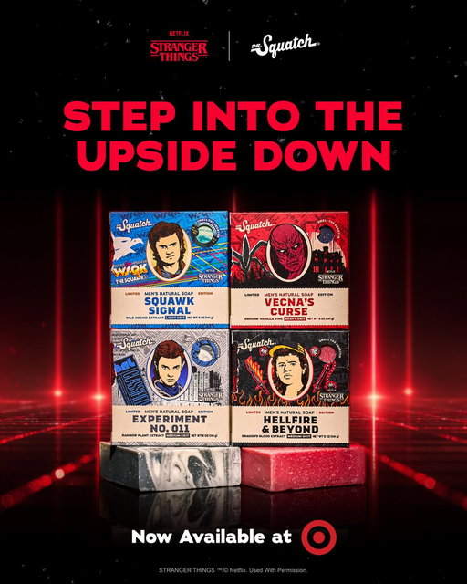 Step into the Upside Down with the Stranger Things Collection by @drsquatch 🧼

Featuring four LIMITED-EDITION soaps, each crafted to deliver bold scents and a clean break from the ordinary.

Now available online @Target : https://t.co/zThXvMwTcR

#StrangerThingsxDrSquatch 
