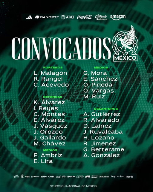¡Listos para nuevos retos! 🇲🇽

Aquí la convocatoria oficial de Javier Aguirre para los partidos contra Uruguay y Paraguay. 

Incondicionales, los esperamos en Torreón y San Antonio. 🏟️

#PorMéxicoTodo 👊
*Publicidad para México* 