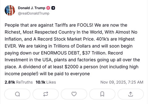 BREAKING: President Trump says everyone (except rich people) will receive "at least" $2,000 thanks to tariffs 