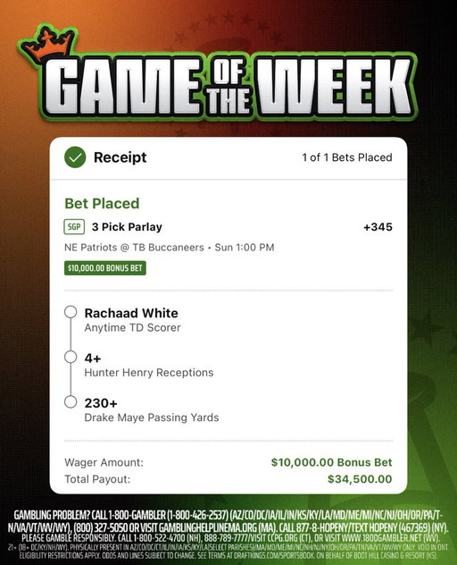 My $10,000 bonus bet for the #BarstoolGOTW. Thought process: We get Rachaad White in the endzone early and then every single time Drake Maye drops back to throw the ball we’re closer to $34k. The heart rate is starting to rise, can’t wait for kickoff @DKSportsbook #dkpartner 