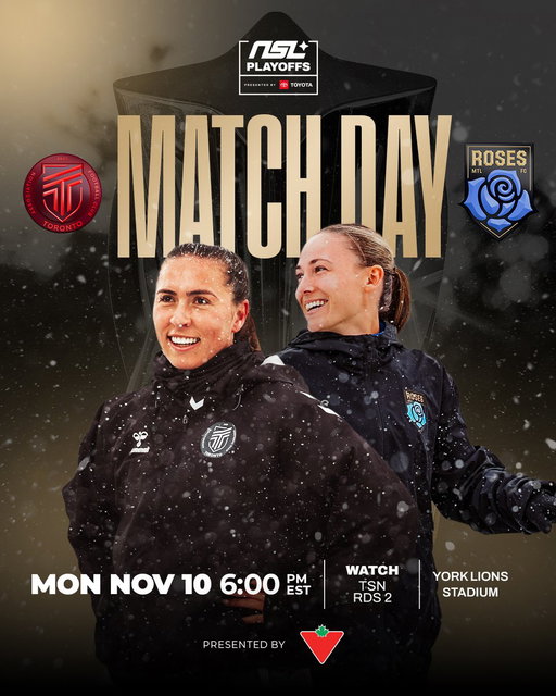 NSL Playoff Update! 📢 The semi-final showdown between AFC Toronto and Montréal Roses has been rescheduled due to the weather postponement!

🗓️ Monday, Nov 10 | 6PM ET
📺 TSN | RDS 2

The playoffs continue! ⚽️🔥 
