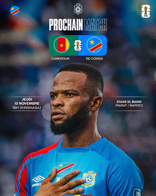 [⚔️ 𝐏𝐑𝐎𝐂𝐇𝐀𝐈𝐍 𝐌𝐀𝐓𝐂𝐇 🐆]

Le grand rendez-vous approche !

Nos Léopards affrontent le Cameroun 🇨🇲 ce jeudi 13 novembre à 19h (Kinshasa) au Stade El Barid de Rabat 🇲🇦.

Objectif : décrocher le ticket pour la finale continentale des barrages de la Coupe du Monde 2026 🏆.

Un match décisif, une nation derrière ses fauves 💪🏾🇨🇩

#MissionMondial2026 #AllezYLesLeopards #FecofaRDC #BendeleEkweyaTe #RDC