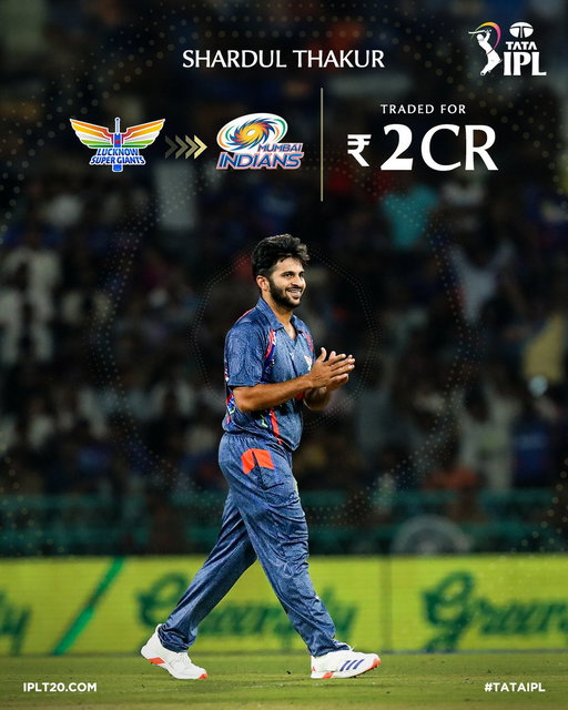 🚨 NEWS 🚨

Shardul Thakur has been traded to @mipaltan from @LucknowIPL. 

More Details 👉 https://t.co/drd5BdO3fS

#TATAIPL | @imShard 